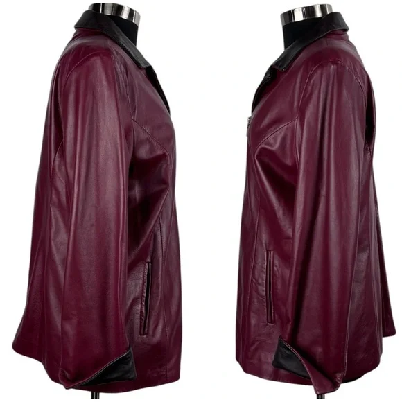 VINTAGE 90S PERUZZI CHERRY RED BLACK WAIST TIE ZIP UP ITALIAN LEATHER JACKET